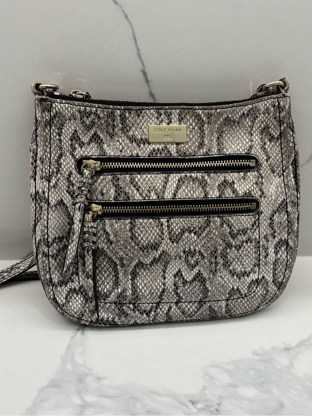 Cole Haan Snakeskin Embossed Leather Multi-Zip Crossbody Bag Gray Black Cream